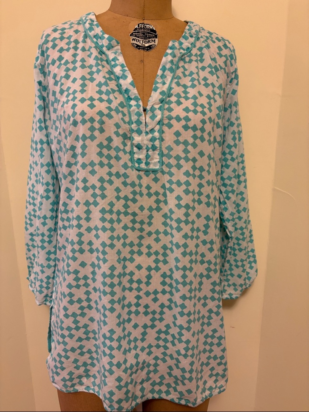 Casual Turquoise Patterned Split-Neck Tunic